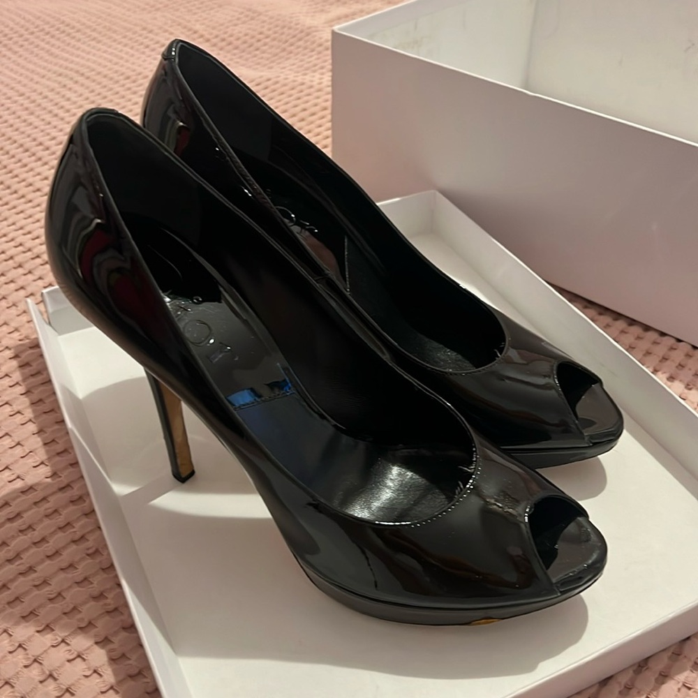 Dior patent peep toe heels.